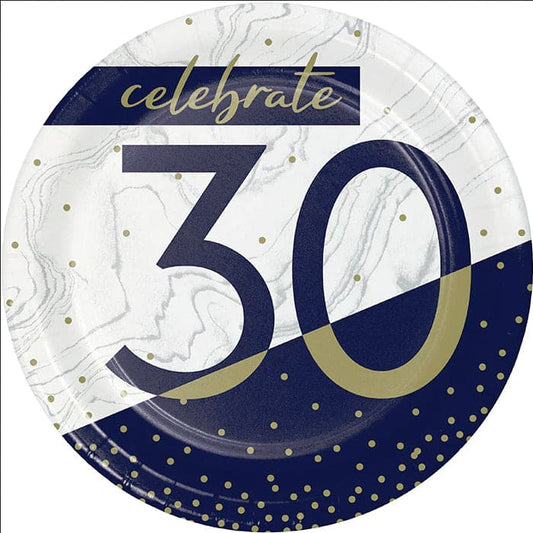 Navy & Gold Milestone 30th 7in Round Luncheon Paper Plates 8ct