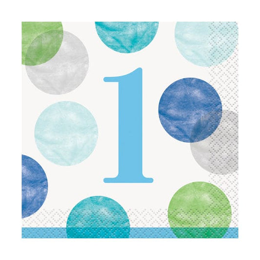 First Birthday Blue Dots Beverage Napkins 16 Ct