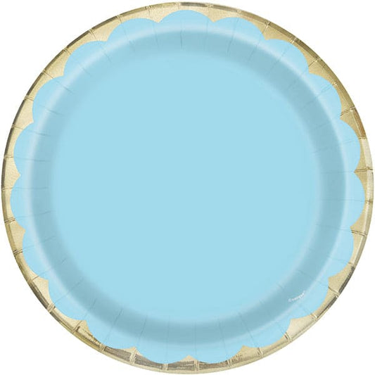 Blue Scalloped Gold 9in Round Dinner Paper Plates 10ct