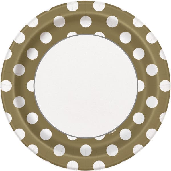 Dots Gold 9in Round Dinner Paper Plates