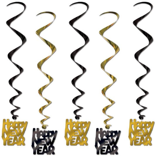 Happy New Year Black & Gold Foil Swirls