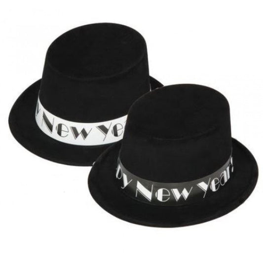 Happy New Year Plastic Flocked Top Hat Black