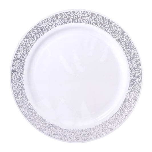 White 10.25in Round Plastic Plates with Silver Lace Border Print 8ct