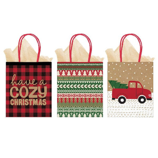 Cozy Christmas Large Vertical Kraft Paper Bags - Multi-Pack 3 Ct