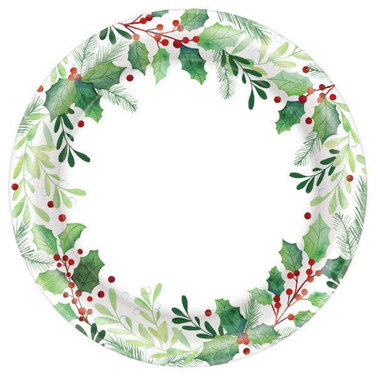 Traditional Holly 9in Round Dinner Paper Plates 40 Ct