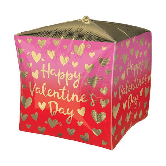 Valentine's Day 15in Ombre with Gold Hearts Cubez Balloon