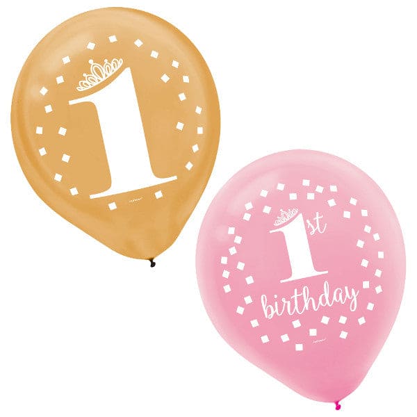 First Birthday Girl 12in Gold Latex Balloons