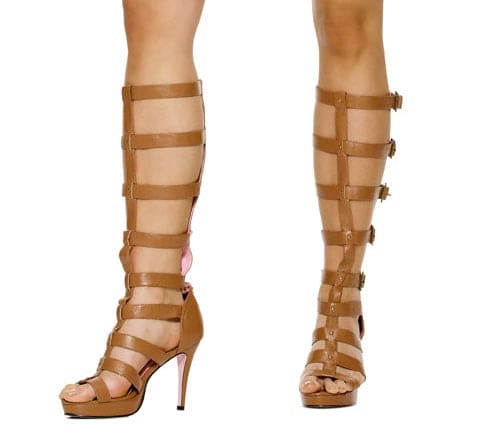 Multi Strap Tan Zipper Faux Leather Knee High Sandals